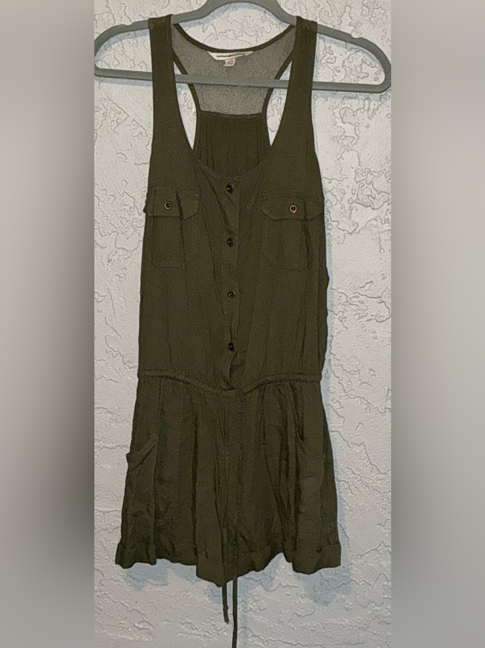 American Eagle Sleeveless Button-Front Olive Utility Romper